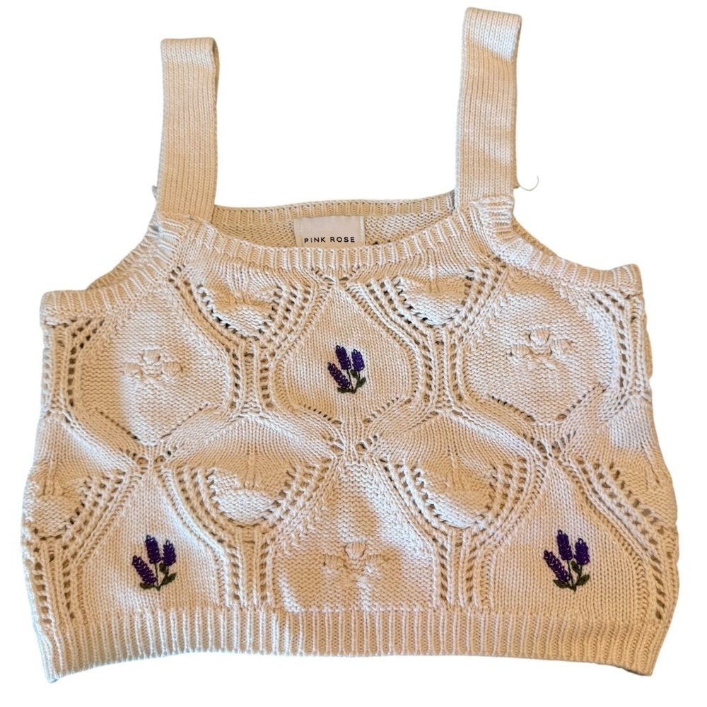 Pink Rose Cream Knit Cropped Tank with Purple Floral Accents - Picture 4 of 6
